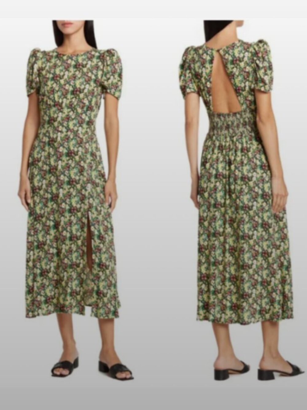 AFRM Jamie Floral Print Dress Midi Length High Slit Open Back Size Medium